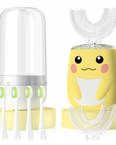 ELOTAME Kids Electric U Shaped Toothbrush Children Rechargeable Sonic Toothbrush with 6 Soft Brush Head Automatic Full Mouth 6 Cleaning Modes -Age2-7 Yellow