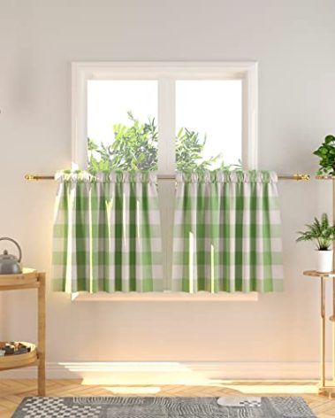 NATUS WEAVER Buffalo Tier Curtains 24 inch Length Plaid Gingham Rod Pocket Short Window Small Kitchen Cafe Curtain Bathroom Window Curtains 2 Panels Green & White