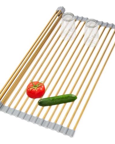 Golden Roll-UP Dish Drying Rack-Large Stainless Steel Dish Drainer Over The Sink for Kitchen Countertop, Applicable for Sink Width Less Than 16.5in (Gold,17.8'x 13.2')