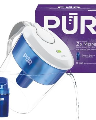 PUR 11-Cup Water Pitcher, 1 Genuine PUR Filter, Cleaner, Great-tasting Water, Dishwasher Safe, Powerful Filtration, Filter Change Light Indicator, LockFit Cap Design - White