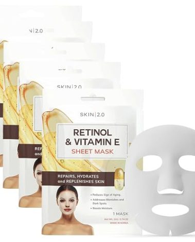 Skin 2.0 Retinol & Vitamin E Sheet Mask - Anti-Aging, Acne Scar & Hyperpigmentation - Hydrating, Dermatologist Tested Korean Skincare - Clean Beauty, Cruelty-Free, All Skin Types - 5 Masks