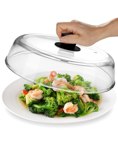 Glass Microwave splatter cover for food plate - Sturdy Borosilicate glass splatter guard with vent hole - 100% Food Safe BPA free Easy Grip Silicone Knob and Dishwasher safe - 10.5in