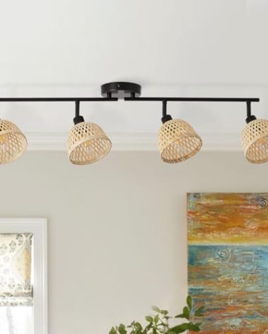 Csetuay Farmhouse Track Lighting Kit Ceiling Light Fixtures Black Spotlight Fixture Vanity Lighting Rattan Lamp Shade Bathroom Lights Over Mirror for Hallway Porch Foyer Living Room 4-Light