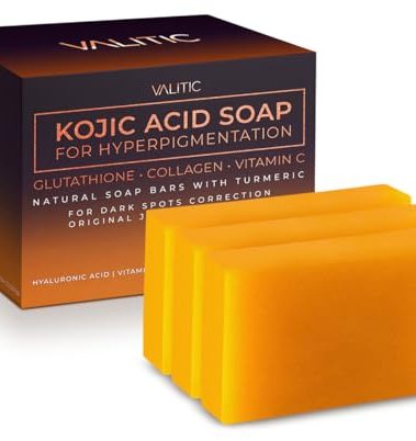 VALITIC Kojic Acid Soap for Hyperpigmentation - with Glutathione, Collagen & Vitamin C - Natural Soap Bars with Turmeric - Original Japanese Complex for Dark Spot Correction - 3 Pack