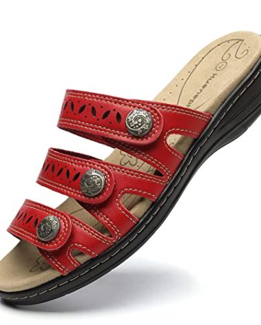Hueneph Women's Comfort Red Leather Slides Lightweight Flat Sandals Cute Slip On Casual Walking Slippers 7 M US 2205-HON070