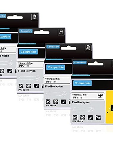 Aonomi 18489 Replace for DYMO Rhino 4200 Black on White 3/4'' x 11.5' 19mm Flexible Nylon Label Tapes Compatible with DYMO Rhino 5200, 4200, 5000, 6000 Industrial Label Maker Refills a18489,4 Pack