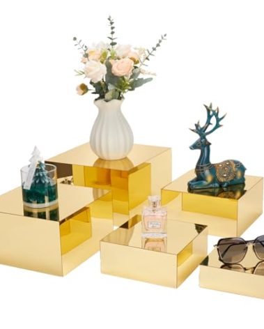 Jolboldy Acrylic Risers for Display 5 Pcs, Food Risers for Party Gold Cube Boxes Display Stands for Jewelry Bag Cosmetics Catering Dessert Collectibles