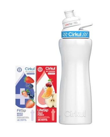 Cirkul 22oz. White Stainless Steel Water Bottle Starter Kit with Blue Lid, 2 Flavor Cartridges (1 LifeSip Fruit Punch and 1 FitSip Mixed Berry) No Sugar, Zero Calorie Drink Mix