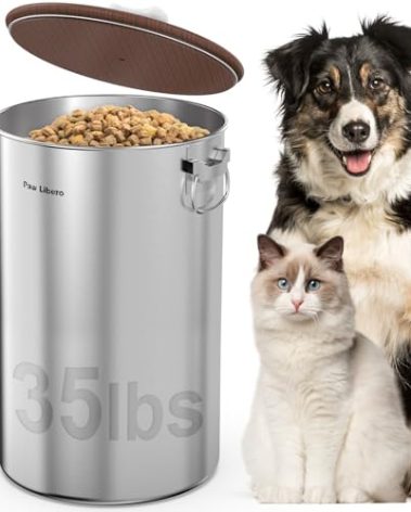 Paw Libero 35 Lbs Stainless Steel Dog Food Storage Container with Airtight Wooden Lid & Ceramic Bone Handle, Large Metal Dog Food Bin, Pet Treat Jars for Dogs & Cats, Keep Fresh, Easy to Clean