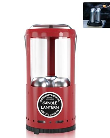 Candle Lantern, Decorative 3-Wick Emergency Candlestick Holder for Pillar Candles, Portable Red Warmer Lantern, Camping Gear for Campers Use, Hanging Handheld, NO Candles Included