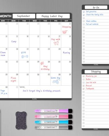 ALEZEL Dry Erase Calendar for Fridge Magnetic, Refrigerator Calendar Whiteboard Set - Vertical Dry Erase Refrigerator Calendar Planner with 2 List Boards, 4 Markers + Eraser