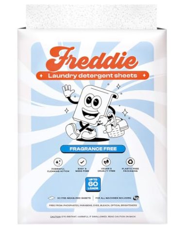 Freddie Low-Waste Laundry Detergent Sheets – Jug Free Format – Pre-Measured Strips – 60 Loads – Unscented for Sensitive Skin
