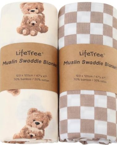 LifeTree Muslin Swaddle Blankets, Baby Swaddling Wrap Nursery Blanket Unisex, Soft 70% Viscose from Bamboo and 30% Cotton, Large 47 x 47 inches, Bear & Checkered Swaddle Blanket