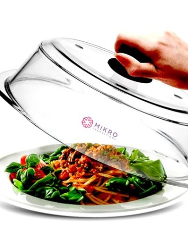 Tall Glass Microwave splatter cover | Sturdy clear 100% food safe BPA free glass lid with easy grip silicone handle | Heavy-duty glass for longer life, Dishwasher safe for easy cleaning - 10.5in