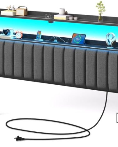 Rolanstar Headboard for King Size Bed with Storage, 60,000 DIY Color of LED Light, Head Board with USB & Type C Port, Height Adjustable, Black Upholstered Cabeceras de Cama Comfortable Modern, Linen