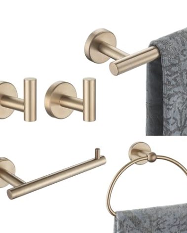 JQK Bathroom Hardware Set Champagne Bronze, 5-Piece Bath Accessories Set Brushed Gold Wall Mount Includes 24 in Towel Bar, 7 in Towel Ring, Toilet Paper Holder, 2 Towel Hooks, BAS165-CB