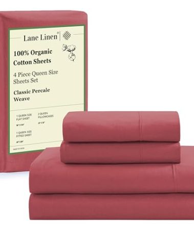 LANE LINEN 100% Organic Cotton Queen Sized Sheets, Fuly Elasticized Mercerized Low Pill Fade Resistant Percale Weave Bedsheets for Queen Size Bed, Soft and Comfy Sheet & Pillowcase Sets - Mineral Red