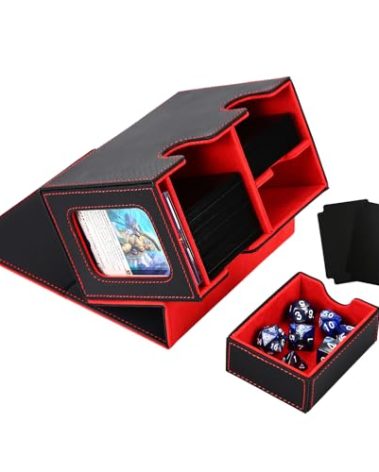 Venssu MTG Deck Box for Commander or Prime Card Display with Dice Tray,Card Deck Box Fits 200 Single Sleeved Cards, TCG Card Storage Box with 2 Dividers and 1 magnetic card holder (Black＆Red)