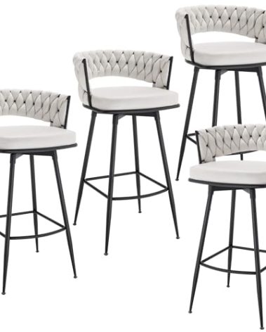BV Bar Height Bar Stools Set of 4, 30 inch Seat Height Bar Stools, 180° Swivel Barstools with Woven Back and Footrest, Suede Fabric Counter Stools for Kitchen Island, Bar Pub