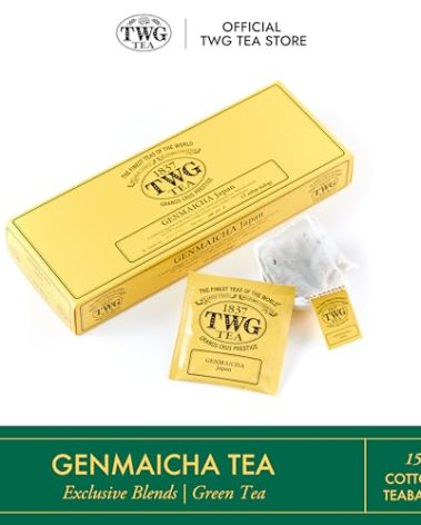 TWG Tea | Genmaicha | Green Tea | Roasted and Popped Rice | 15 Hand Sewn Cotton Teabags | Gift Set