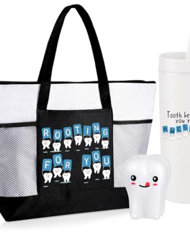 Dansydaisy 3 Pcs Dental Hygienist Gifts for Women Men Dental Assistant Student Gifts Inspirational Dentist Tote 16 oz Dentist Tumbler Teeth Stress Toy for Teachers Nurses Doctors(White)