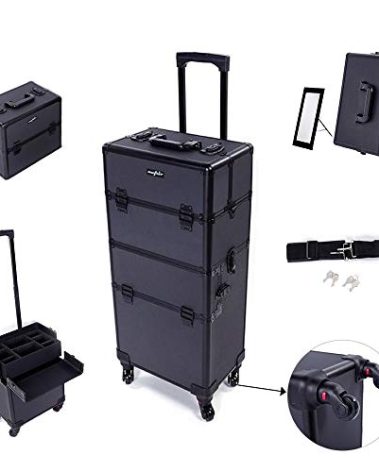 mefeir 2 in 1 Rolling Makeup Train Case Professional Cosmetic trolley on Wheels Aluminum Nail Cart Cosmetic Suitcase for professional makeup artist, Luggage Lockable w/4 Removable Wheels (Black)