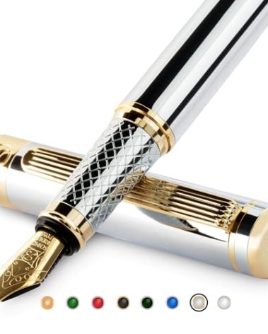 Scriveiner Silver Chrome Fountain Pen - Stunning Luxury Pen, Real Gold Finish, Schmidt Gilded Nib (Broad), Best Gift Set for Men & Women, Professional, Executive Office, Nice Designer Pens