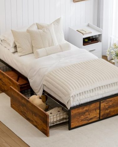 GAZHOME Twin XL Bed Frame with 2 XL Storage Drawers, Metal Platform Bed Frame with Footboard, 9 Strong Metal Slat Support/No Box Spring Needed/Easy Assembly/Space Saving Wood
