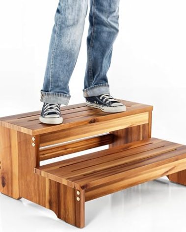 TINAMO 25" Long Step Stool for Adult & Kid - Acacia Wood Two Step Stool 500 Lb - Wooden Riser 2-Step Spa & Hot Tub Stairs for Pool - Heavy Duty 2 Step Stools for Bed, Kitchen,Outdoor (Patent Pending)
