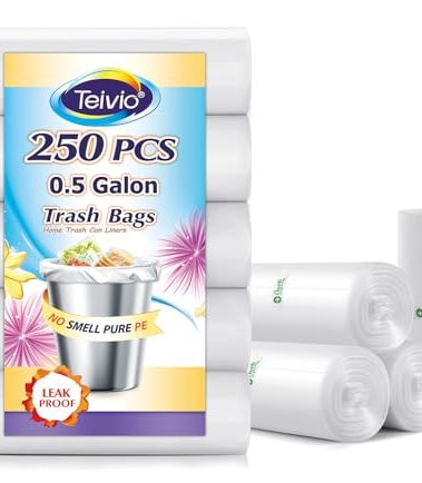 0.5 Gallon Mini Strong Trash Bags, Tiny Bathroom Garbage Can Liners by Teivio, Small Plastic Bags for Desktop Trash Bin/Dog/Poop Car, Fit 2 Liters or Less Can (250 Counts, Clear)