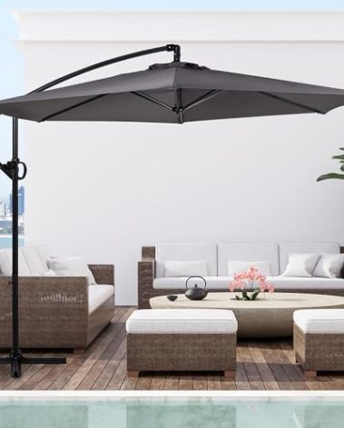 Shintenchi Patio Umbrella,Hanging Offset Umbrella, Outdoor Cantilever Hanging Umbrella with Easy Tilt,Crank, Cross Base, Poolside Sun Shade Canopy, Dark Gray