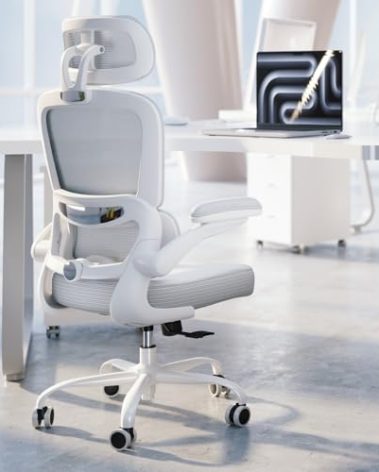 TRALT Ergonomic Office Chair - Desk Chair with Adjustable Headrest Lumbar Support Computer Chair - Mesh Comfy Chair with Flip-up Armrests - Gaming Chairs for Adults Home Office (Leather, White)