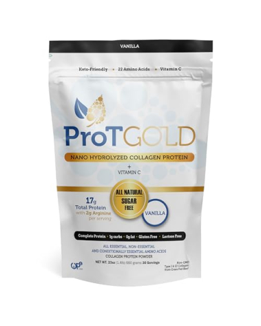 ProT Gold Collagen Protein Powder, 17g Protein Nano-Hydrolyzed Grass Fed Collagen, Vitamin C, 2g Arginine for Wound Support, Gluten Free, All Natural, Fat and Sugar Free, 0g Carbs, Vanilla, 23 oz, 30