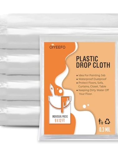 OIYEEFO Clear Plastic Sheeting Drop Cloths for Painting, 5 Pcs 9x12ft Plastic Tarp Waterproof Dustproof Almost Tear Resistance Multi-Purpose Furniture Cover Floor Wall Protection Film