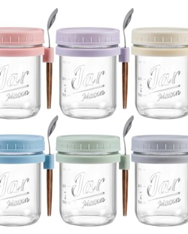 LANDNEOO 6 Pack Overnight Oats Containers with Lids and Spoons, 16 oz Glass Mason Overnight Oats Jars, Large Capacity Airtight Jars for Milk, Cereal, Fruit