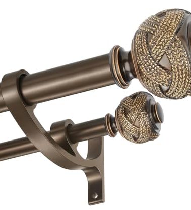 Antique Bronze Double Curtain Rods 72 to 144 Inches, Decorative Double Drapery Rod with Aluminum Alloy Brackets, Heavy Duty 1” Front and 5/8” Back Telescoping Double Windows Rod with Classic Finials