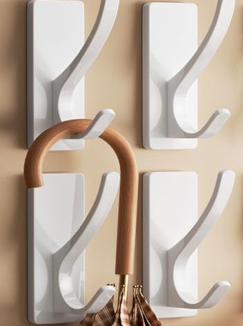 White Self Adhesive Coat Hooks for Hanging, Heavy Duty Stainless Double Wall Hook for Towel, Backpack, Hat, Sturdy Metal Hanger for Bathroom, Bedroom, Door, Wall Mounted, 4-Pack