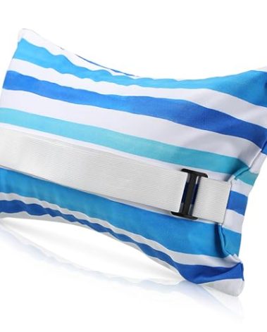 Menkxi 17"x10" Inflatable Beach Pillow with Removable Cover, Beach Chair Backpacking Pillow with Strap Stripe for Summer Sand Pools Travel Vacations(Blue White)