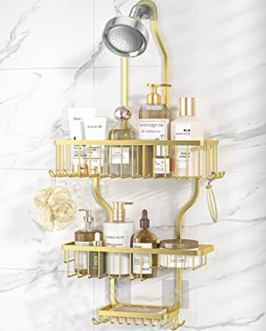 YASONIC Shower Caddy Over Shower Head Never Rust Aluminum Large Hanging Shower Caddy with 10 Hooks for Razor/Sponge - Over The Shower Head Caddy with Soap Basket - Hanging Shower Organizer Gold