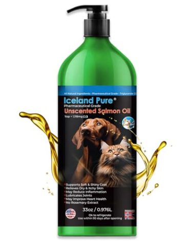 Iceland Pure Salmon Oil | Unscented Pharmaceutical Grade | 1118mg of Omega-3 per teaspoon | Liquid Food Supplement For Dogs and Cats | BPA-Free Brushed Aluminum Epoxy coated Bottle with Pump 33oz