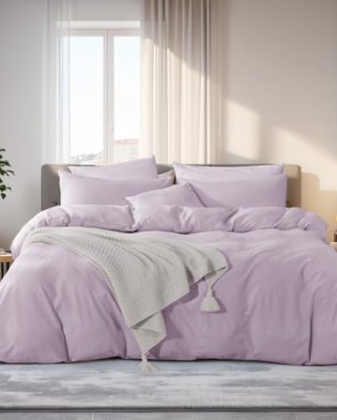 NEXHOME PRO Duvet Cover Set Kids Twin Size Linen Feel Organic Natural 100% Washed Cotton Duvet Cover Purple Lavender Lilac 2 Pieces Bedding Set with Zipper Closure, Breathable (No Comforter)