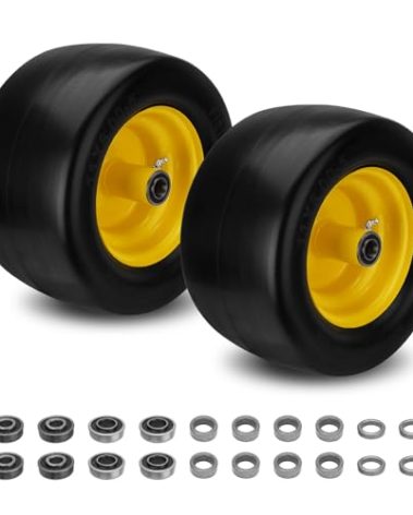 2PCS 11x6.00-5 Flat Free Tire and Wheel with 1/2" & 3/4" & 5/8" Precision Bearings and 5.8"-10.4" Centered Hub, Front Zero-Turn Smooth Tire Assembly Replacement for Riding Lawn Mowers Garden Tractor