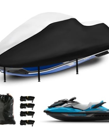 Jet Ski Cover 3 Seater, Upgraded Heavy Duty 420D Waterproof Jetski Covers with 2 Air Vent Marine Grade UV Resistant Fits Seadoo,Yamaha, Kawasaki,Waverunner Polaris from 115" to 120"(Silver Black)