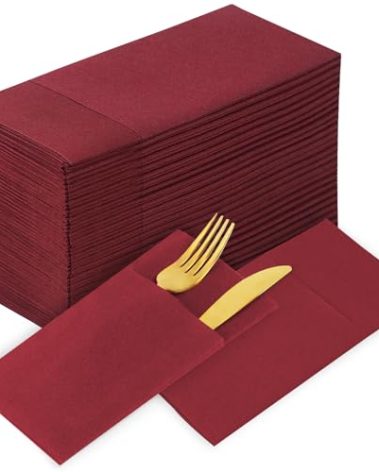 KAMMAK Burgundy Napkins Disposbale Wine Red Cloth like Paper Dinner Napkins with Pocket 100 Pack Guest Hand Towel for Party Decoration, Wedding Reception, Bathroon, Restaurant (16.5 x 16.5 inch)