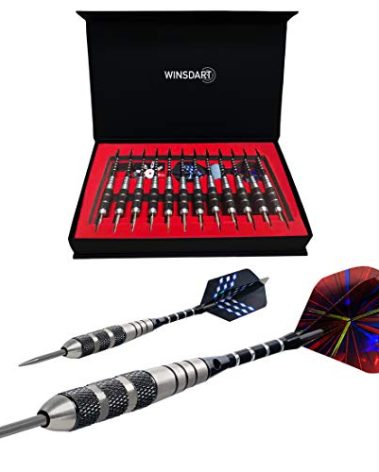 WINSDART Darts Metal Tip Set Professional Metal Darts for Dartboard Steel Tip Darts with Nonslip Iron Barrel Aluminum Dart Shafts,Extra Flights,Dart Sharpener,Gift Box