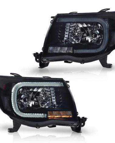CNNELL LED Tube Projector Headlights w/o Bulb Compatible with Toyota Tacoma 2005-2011 Smoky Lens Black Housing Clear Reflector 8115004163 8115004173 TO2502157 TO2503181
