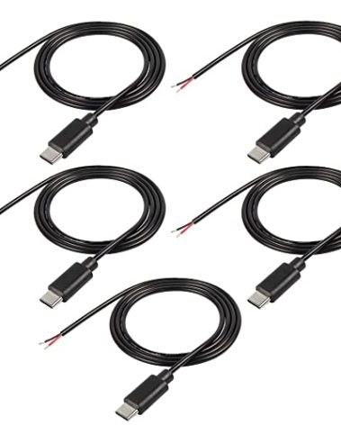 USB Type-C Pigtail Cable Extension Power Cable 22AWG 5V 3A USB-C Plug to 2 Pin Bare Wire Open End Connector for DIY - 1M/3.2FT 5PCS (Type C Male)