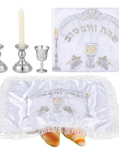 Reallnaive Modern Shabbat Havdalah Set White Satin Challah Cover Silver Candle Holders Silver Wine Cup White Taper Candles for Shabbat, Holiday and Havdalah Gifts