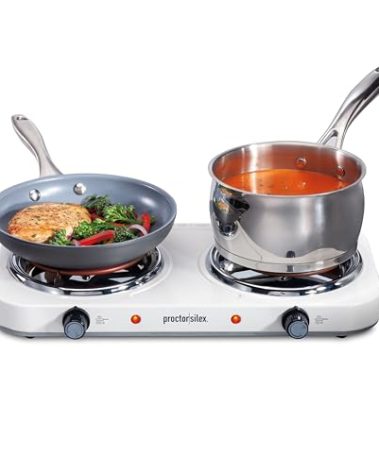 Proctor Silex Portable Electric Stove, Stainless Steel Double Burner Cooktop, Compact, Adjustable Temperature Hot Plate, 1700 Watts, White (34116)