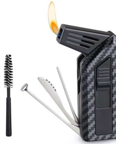 FLABOX 3 in 1 Pipe Lighter,Refillable Butane Lighter with 3 Pipe Clean Tool,Angled Soft Flame Pipe Lighter for Pipe Candle Fireplace,Delicate Gift with Pipe Brush for Men Black,Without Butane